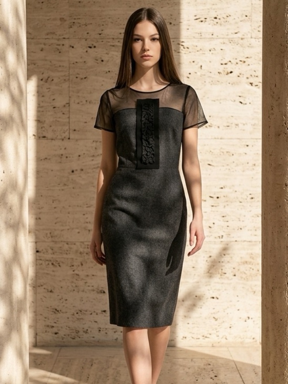 Vera Wang Open Back dress ,wool silk blend short sleeved dress with sheer top